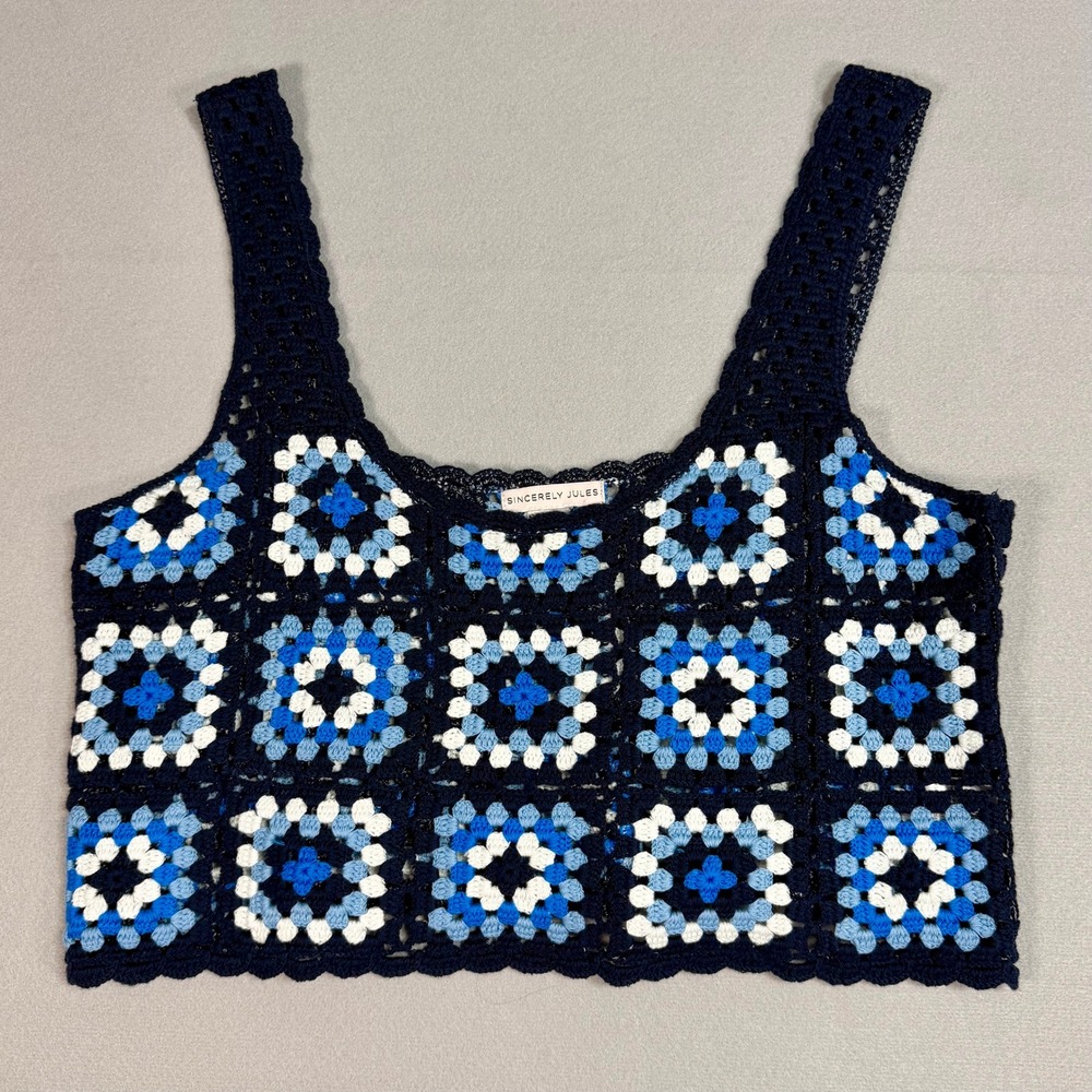 Sincerely Jules Crochet Crop Top M Blue Granny Square Tank ST21037 Boho Festival